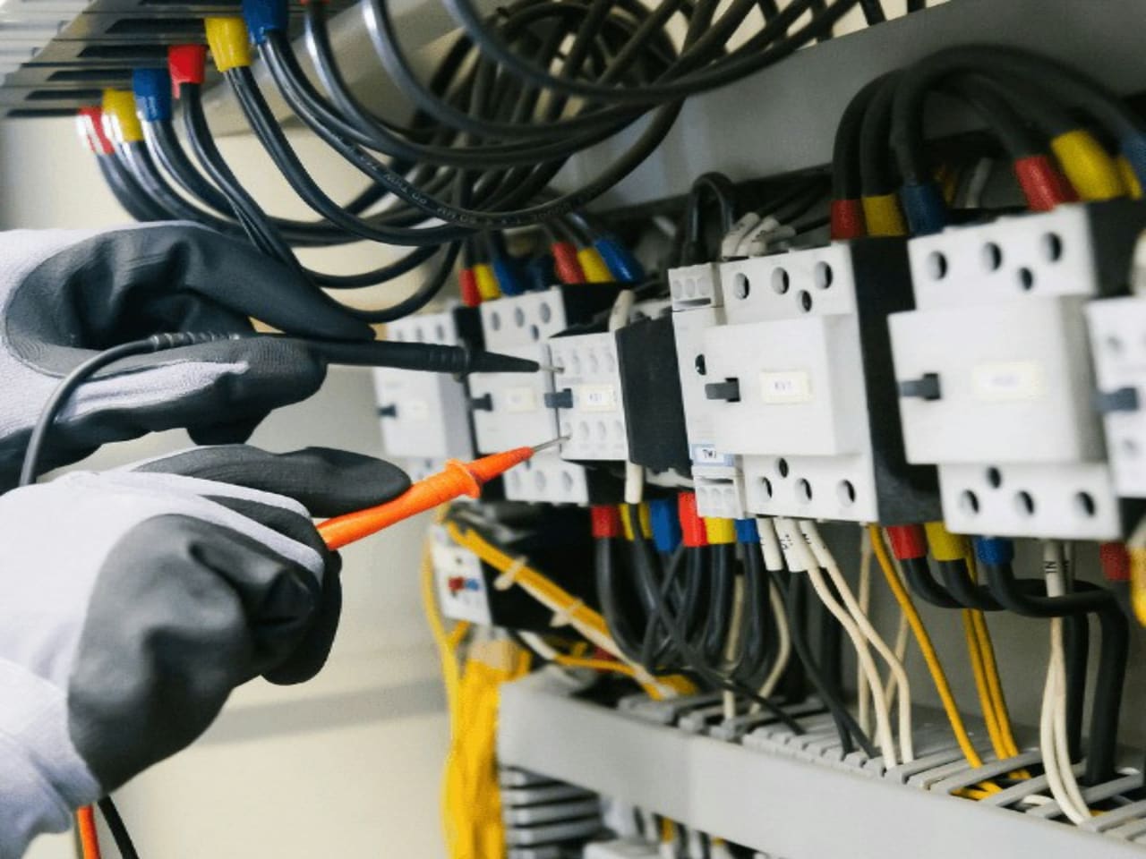Gloved electrician testing contactors inside an electrical control panel